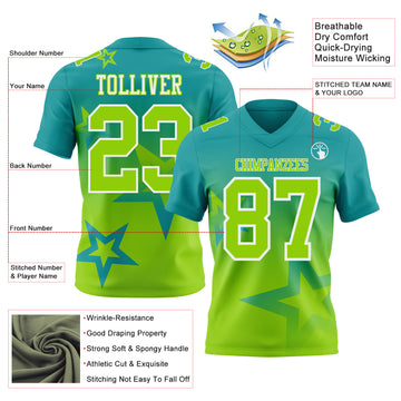 Custom Teal Neon Green-White Authentic Star Gradient 7V7 Flag Football Jersey