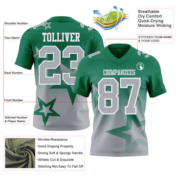 Custom Kelly Green Gray-White Authentic Star Gradient 7V7 Flag Football Jersey