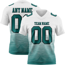 Laden Sie das Bild in den Galerie-Viewer, Custom White Teal-Black Authentic Fluid Wave Line Fade 7V7 Flag Football Jersey
