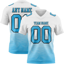 Laden Sie das Bild in den Galerie-Viewer, Custom White Sky Blue-Black Authentic Fluid Wave Line Fade 7V7 Flag Football Jersey
