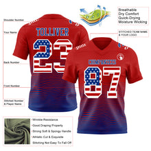 Laden Sie das Bild in den Galerie-Viewer, Custom Red USA Flag Royal-White Authentic Fluid Wave Line Fade 7V7 Flag Football Jersey
