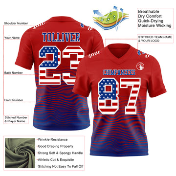 Custom Red USA Flag Royal-White Authentic Fluid Wave Line Fade 7V7 Flag Football Jersey