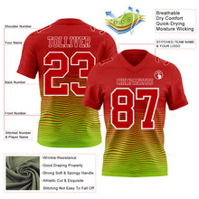 Laden Sie das Bild in den Galerie-Viewer, Custom Red Neon Green-White Authentic Fluid Wave Line Fade 7V7 Flag Football Jersey
