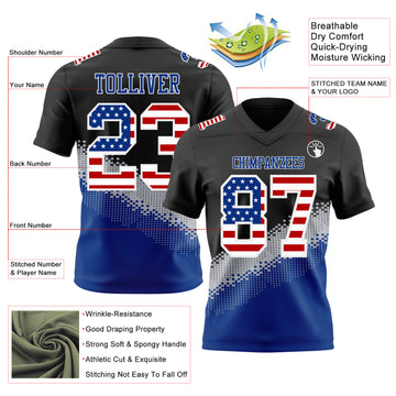 Custom Black USA Flag Gray Royal-White Authentic Geometric Gradient 7V7 Flag Football Jersey
