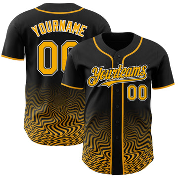 Custom Black Gold-White Fluid Wave Psychedelic Swirl Authentic Baseball Jersey