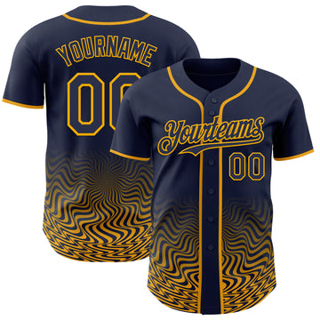 Custom Navy-Gold Fluid Wave Psychedelic Swirl Authentic Baseball Jersey