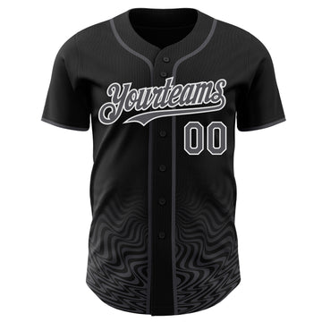 Custom Black Steel Gray-White Fluid Wave Psychedelic Swirl Authentic Baseball Jersey