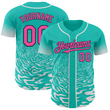 Charger l'image dans la galerie, Custom Aqua Pink White-Navy Fluid Wave Splatter Gradient Authentic Baseball Jersey
