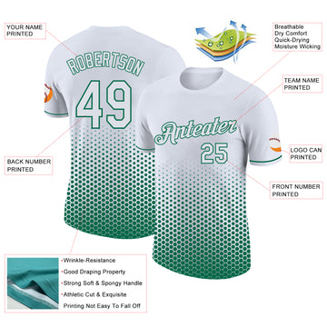 Custom White-Kelly Green Geometric Hexagonal Dot Gradient Performance T-Shirt