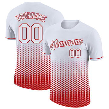 Custom White-Red Geometric Hexagonal Dot Gradient Performance T-Shirt