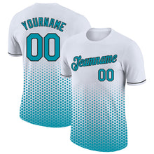 Загрузить изображение в средство просмотра галереи, Custom White Teal-Black Geometric Hexagonal Dot Gradient Performance T-Shirt
