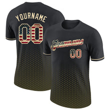 Загрузить изображение в средство просмотра галереи, Custom Black Vintage USA Flag Olive-Cream Geometric Hexagonal Dot Gradient Performance T-Shirt
