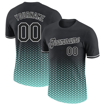 Custom Black Ice Blue-White Geometric Hexagonal Dot Gradient Performance T-Shirt