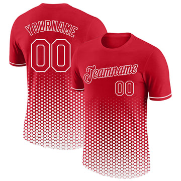 Custom Red-White Geometric Hexagonal Dot Gradient Performance T-Shirt