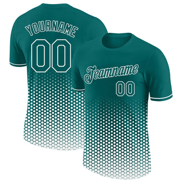 Custom Teal-White Geometric Hexagonal Dot Gradient Performance T-Shirt
