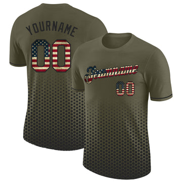 Custom Olive Vintage USA Flag-Black Geometric Hexagonal Dot Gradient Performance T-Shirt