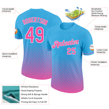 Custom Sky Blue Pink-White Geometric Hexagonal Dot Gradient Performance T-Shirt