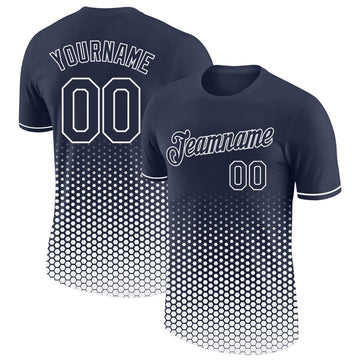 Custom Navy-White Geometric Hexagonal Dot Gradient Performance T-Shirt