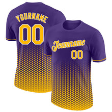Laden Sie das Bild in den Galerie-Viewer, Custom Purple Gold-White Geometric Hexagonal Dot Gradient Performance T-Shirt
