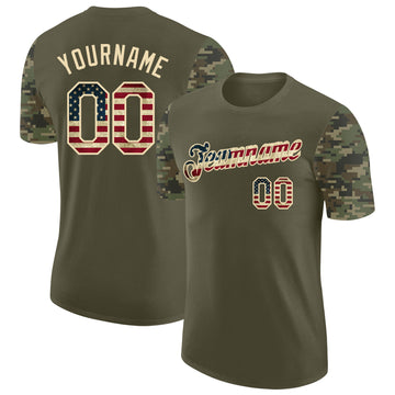 Custom Olive Vintage USA Flag-Cream Camo Two Tone Performance T-Shirt