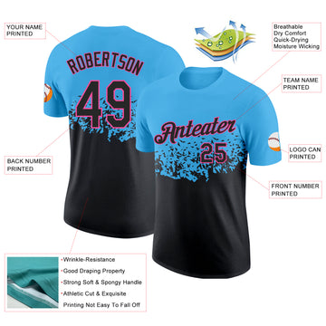 Custom Sky Blue Black-Pink Fade Geometric Splatter Fragmented Shards Performance T-Shirt