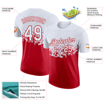 Custom White-Red Fade Geometric Splatter Fragmented Shards Performance T-Shirt