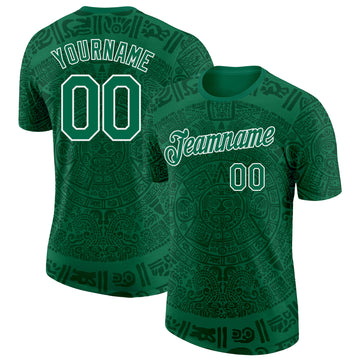 Custom Kelly Green-White Tribal Ethnic Aztec Sun Stone 3D Pattern Performance T-Shirt