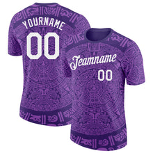 Load image into Gallery viewer, Custom Purple-White Tribal Ethnic Aztec Sun Stone 3D Pattern Performance T-Shirt
