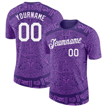 Custom Purple-White Tribal Ethnic Aztec Sun Stone 3D Pattern Performance T-Shirt