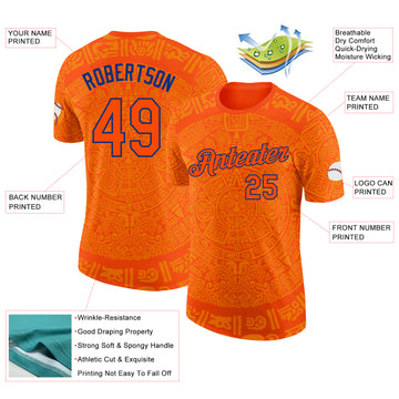 Custom Orange-Royal Tribal Ethnic Aztec Sun Stone 3D Pattern Performance T-Shirt