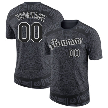 Custom Black-White Tribal Ethnic Aztec Sun Stone 3D Pattern Performance T-Shirt