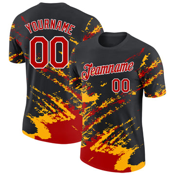 Custom Black Red Gold-White Brush Stroke Shatter Splatter Performance T-Shirt