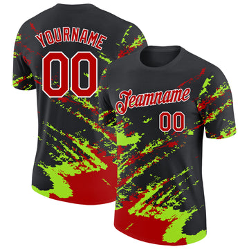 Custom Black Red Neon Green-White Brush Stroke Shatter Splatter Performance T-Shirt