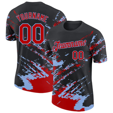 Custom Black Red-Light Blue Brush Stroke Shatter Splatter Performance T-Shirt
