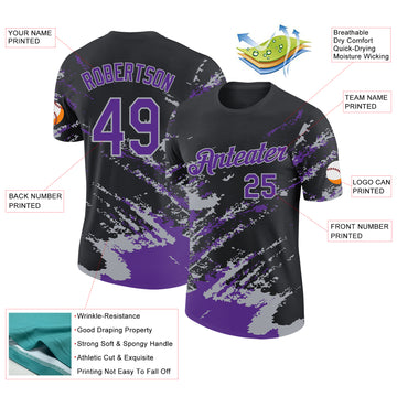 Custom Black Purple-Gray Brush Stroke Shatter Splatter Performance T-Shirt
