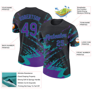 Custom Black Purple-Teal Brush Stroke Shatter Splatter Performance T-Shirt