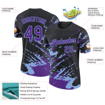 Custom Black Purple-Light Blue Brush Stroke Shatter Splatter Performance T-Shirt