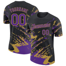Load image into Gallery viewer, Custom Black Purple-Old Gold Brush Stroke Shatter Splatter Performance T-Shirt
