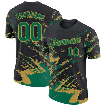 Custom Black Kelly Green-Old Gold Brush Stroke Shatter Splatter Performance T-Shirt
