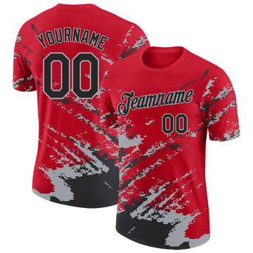 Custom Red Black-Gray Brush Stroke Shatter Splatter Performance T-Shirt