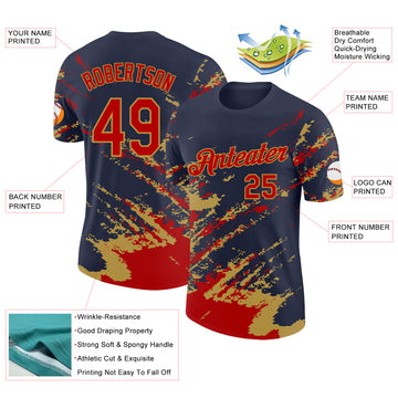 Custom Navy Red-Old Gold Brush Stroke Shatter Splatter Performance T-Shirt