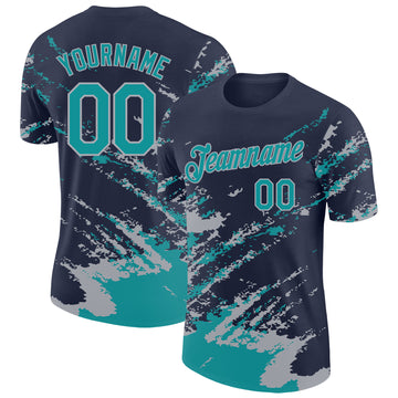 Custom Navy Teal-Gray Brush Stroke Shatter Splatter Performance T-Shirt