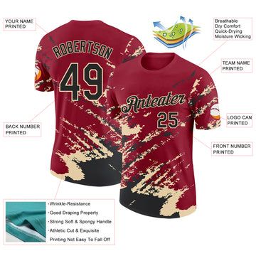 Custom Crimson Black-Cream Brush Stroke Shatter Splatter Performance T-Shirt