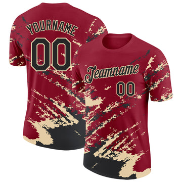Custom Crimson Black-Cream Brush Stroke Shatter Splatter Performance T-Shirt