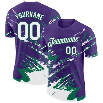 Custom Purple White-Kelly Green Brush Stroke Shatter Splatter Performance T-Shirt