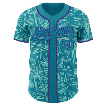 Custom Teal Ice Blue-Purple Geometric Cyber Starburst Authentic Baseball Jersey