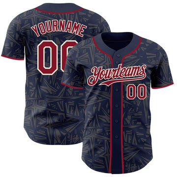 Custom Navy Crimson Steel Gray-Cream Geometric Cyber Starburst Authentic Baseball Jersey