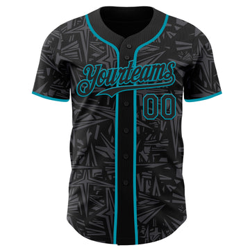 Custom Black Steel Gray-Teal Geometric Cyber Starburst Authentic Baseball Jersey