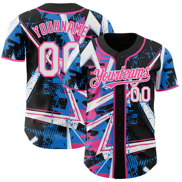 Custom Black White Electric Blue-Pink Geometric Shards Dot Grid Authentic Baseball Jersey