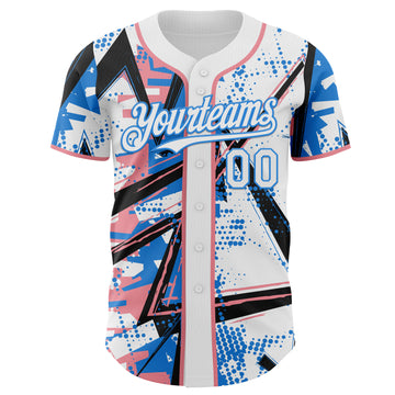Custom White Medium Pink-Electric Blue Geometric Shards Dot Grid Authentic Baseball Jersey